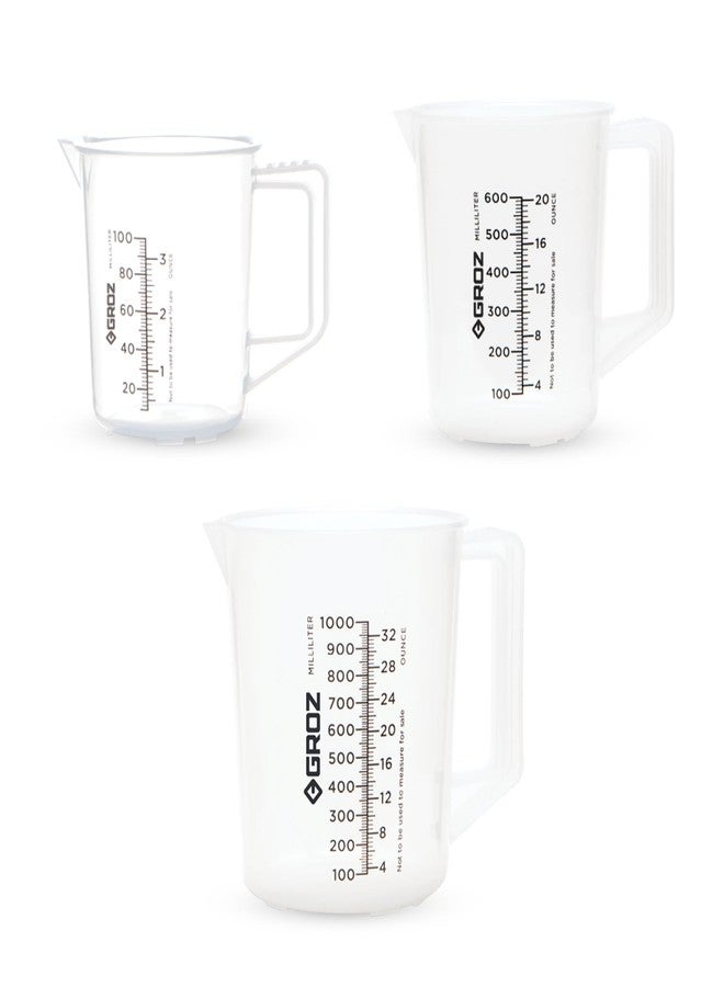 GROZ Heavy Duty Measuring Jug Set of 3 (1L, 600ml, 100ml) Food Grade/Microwave Safe| Ideal for Home, Industrial & Automotive Use| Millilitre & Ounces Marking | JUG/1-600-100 - Image 1